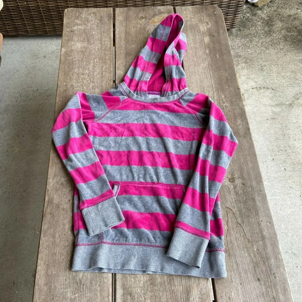 Gap Girls Hoodie Size XL 12 Hot‎ Pink Gray Velour Striped Kangaroo Pocket